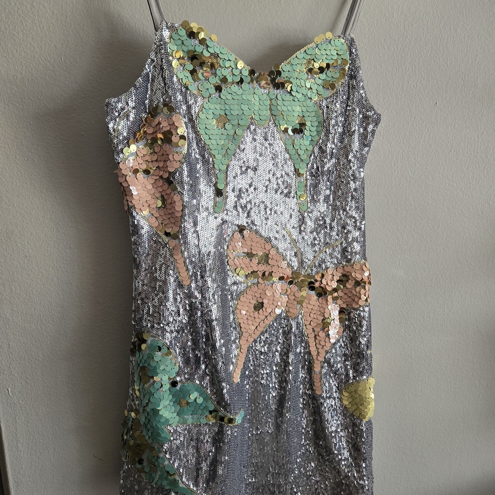AKIRA Silver Sequin Mini Dress with Butterfly Accents